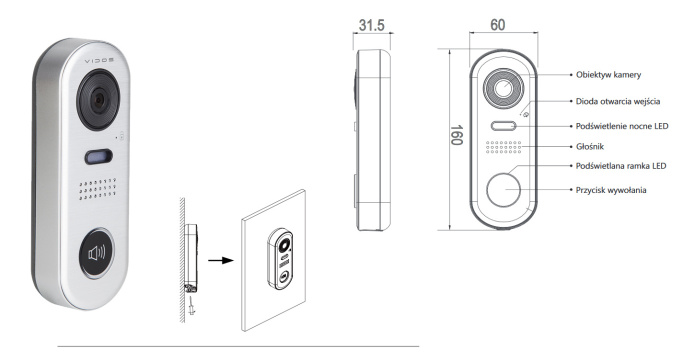 Zestaw jednorodzinny wideodomofonu cyfrowego Vidos Stacja bramowa S1001 monitor M1023W
